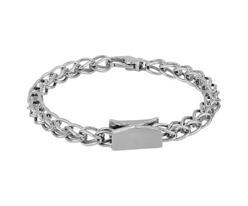 a silver bracelet with a pad on the clasp