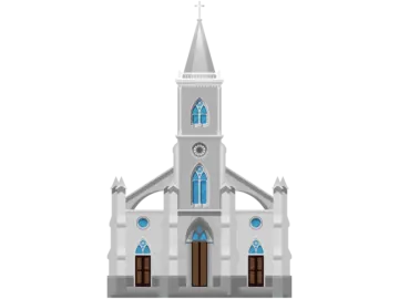 a church with blue windows and a steeple