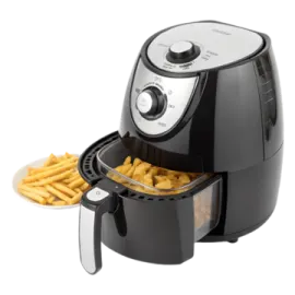 a black and silver air fryer with french fries