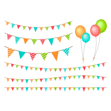 a set of colorful party flags and balloons