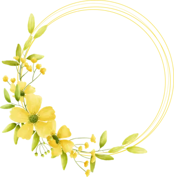 a circular frame with yellow flowers and leaves