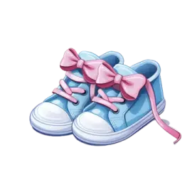 a pair of blue shoes with pink bows