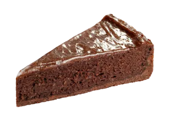 a piece of chocolate cake on a white background