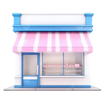 a small store with pink and white awnings