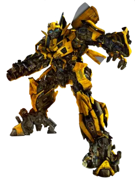 a yellow and black robot standing on a white background