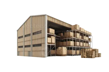 a large warehouse with wooden palles and palls