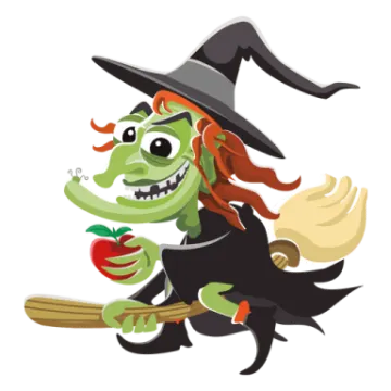 a witch flying on a broom with an apple