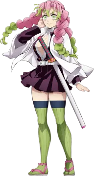 an anime character with pink hair and green eyes