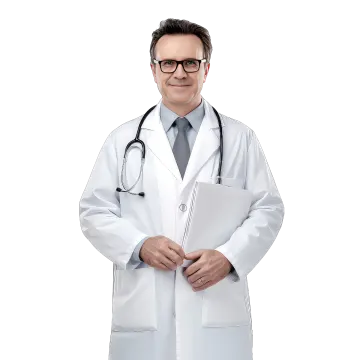 a male doctor in a white coat and tie holding a clipboard