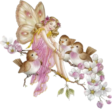 a fairy sitting on a branch with birds and flowers
