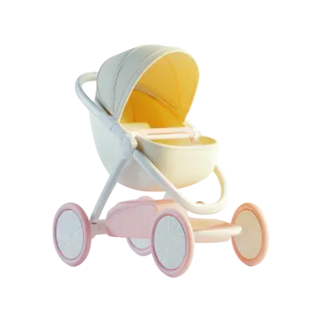 a white and yellow stroller with pink wheels