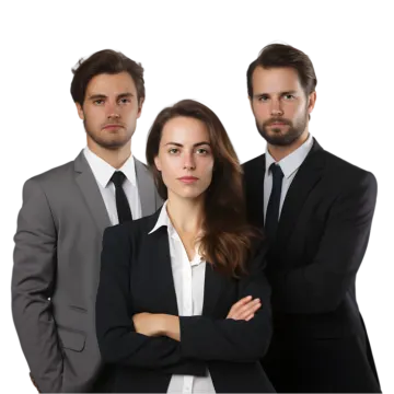three business people standing in front of white background