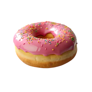 a donut with pink frosting and sprinng