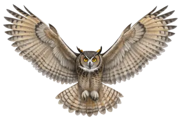 an owl flying with its wings open
