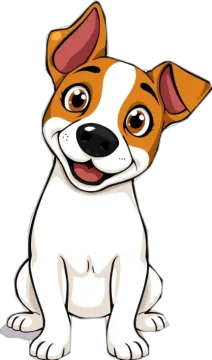 a cartoon dog with brown and white markings