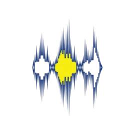 a yellow and blue sound wave with white background