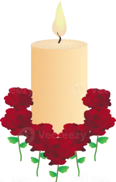 a candle with red roses around it