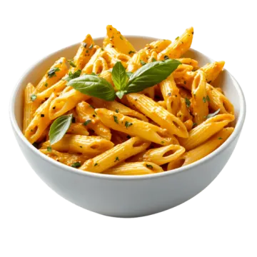 a white bowl filled with pasta and topped with basil