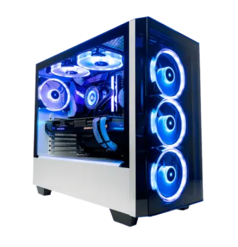 a computer case with blue lights on it