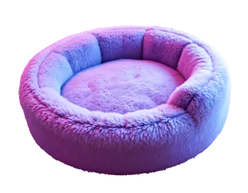 a pink and blue cat bed with fluffy fur
