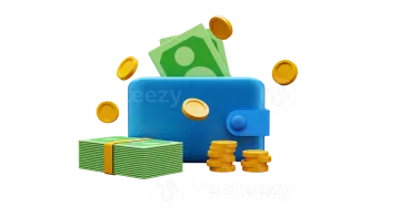 a blue wallet with money and coins
