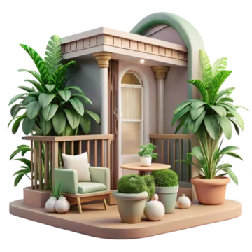 a small house with potted plants and chairs