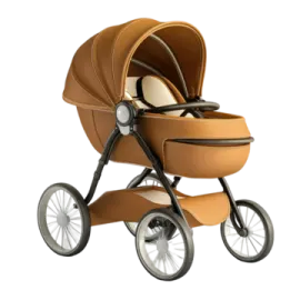 a baby stroller with a brown seat
