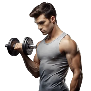 a man is holding a dumb barbell
