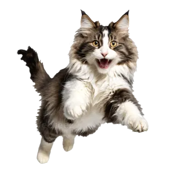 a gray and white cat jumping in the air