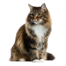 a brown and white cat sitting on the ground