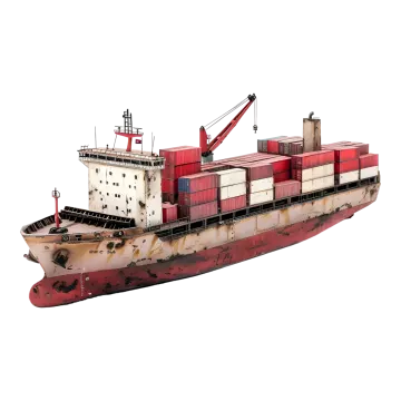 a red and white container ship