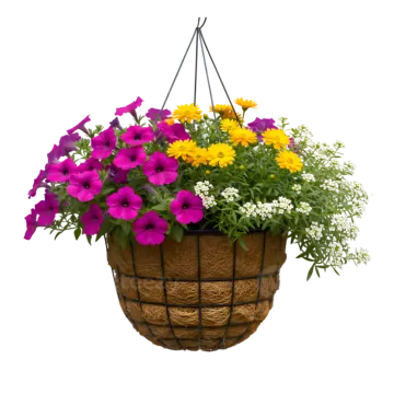 a hanging basket filled with colorful flowers