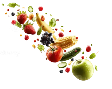 fruit and vegetables falling into the air