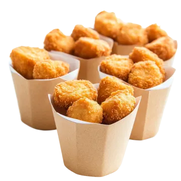 a bunch of fried chicken nus in paper cups
