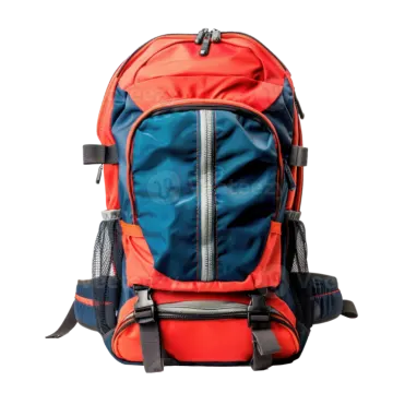 a red and blue backpack on a white background
