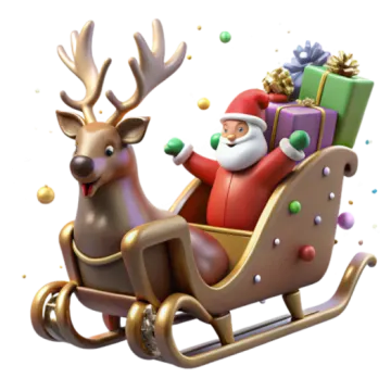 a santa claus riding in a sler with gifts