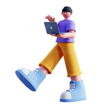 a cartoon character walking with a laptop