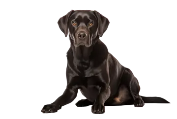 a black dog sitting down on a white background