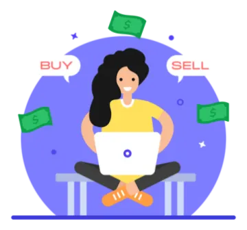 a woman sitting on a desk with money flying around her