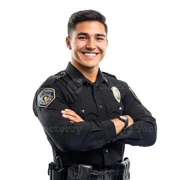 a young man in a police uniform standing with his arms crossed