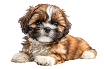 a small brown and white dog laying down
