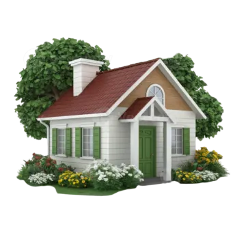 a small house with a red roof and green door