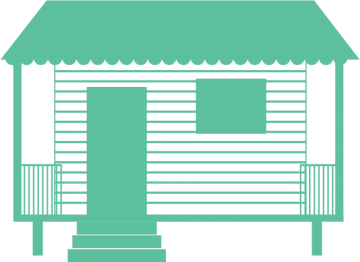 a green and white beach hut