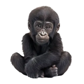 a baby gorilla sitting on the ground looking at the camera