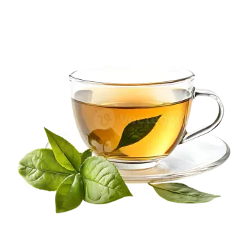 a cup of green tea with leaves