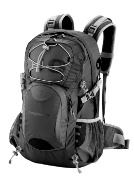 a black and gray backpack on a white background