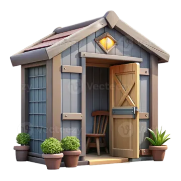 a small wooden shed with potted plants