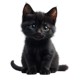 a black kitten with blue eyes sitting down