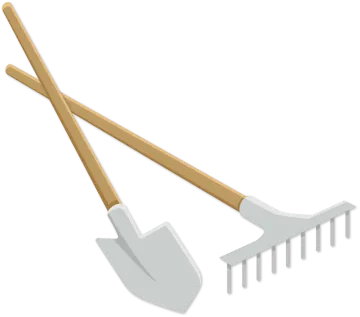a pair of shovels and a rake