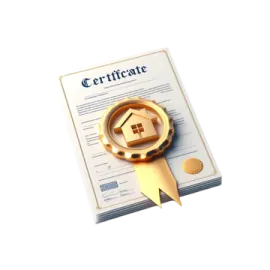 a certificate with a house on top of it